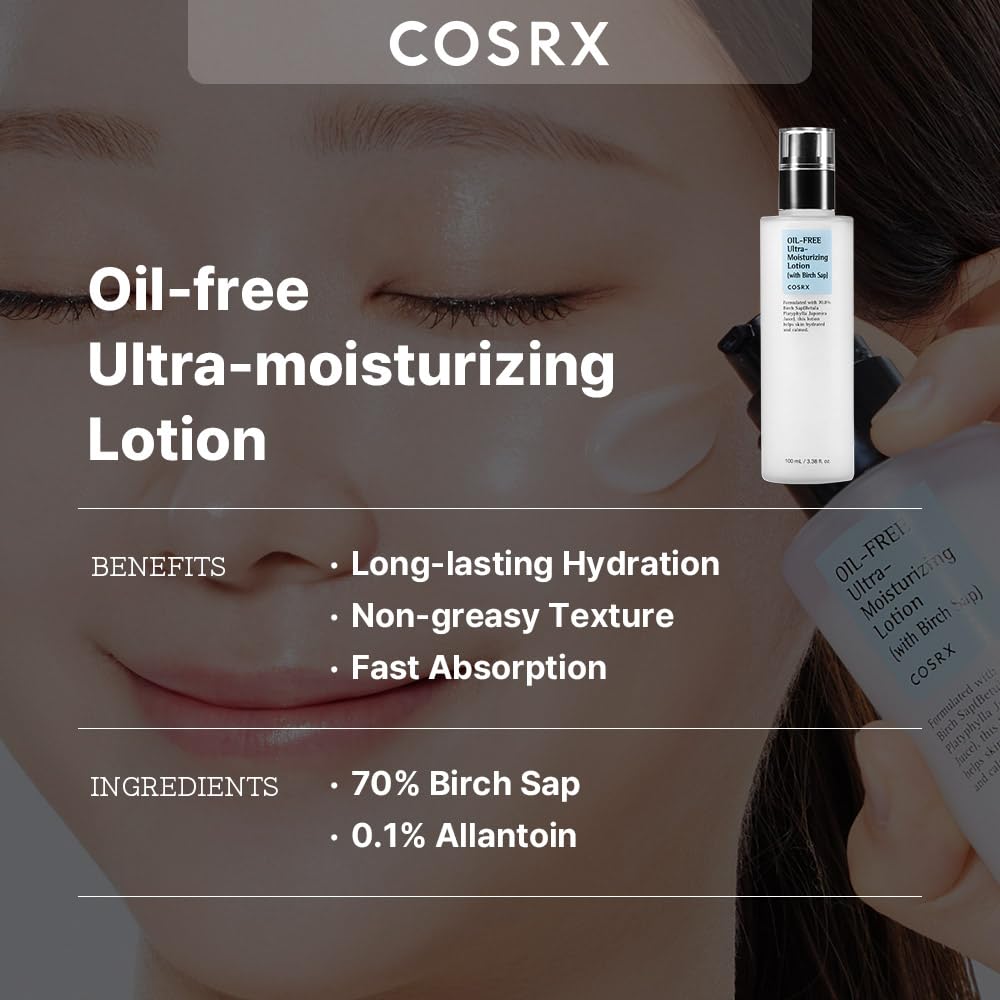 COSRX Oil Free Lotion with Birch Sap, Daily Acne Facial Moisturizer, 3.38 fl.oz / 100ml, Hydrating moisturizer for all skin types, Korean skincare, Paraben free